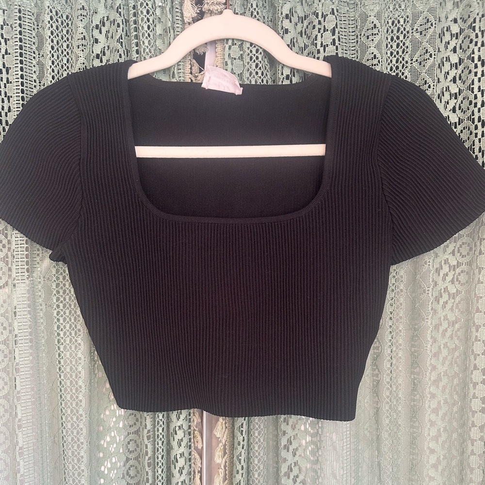 Square-Neck Black Ribbed Crop Top